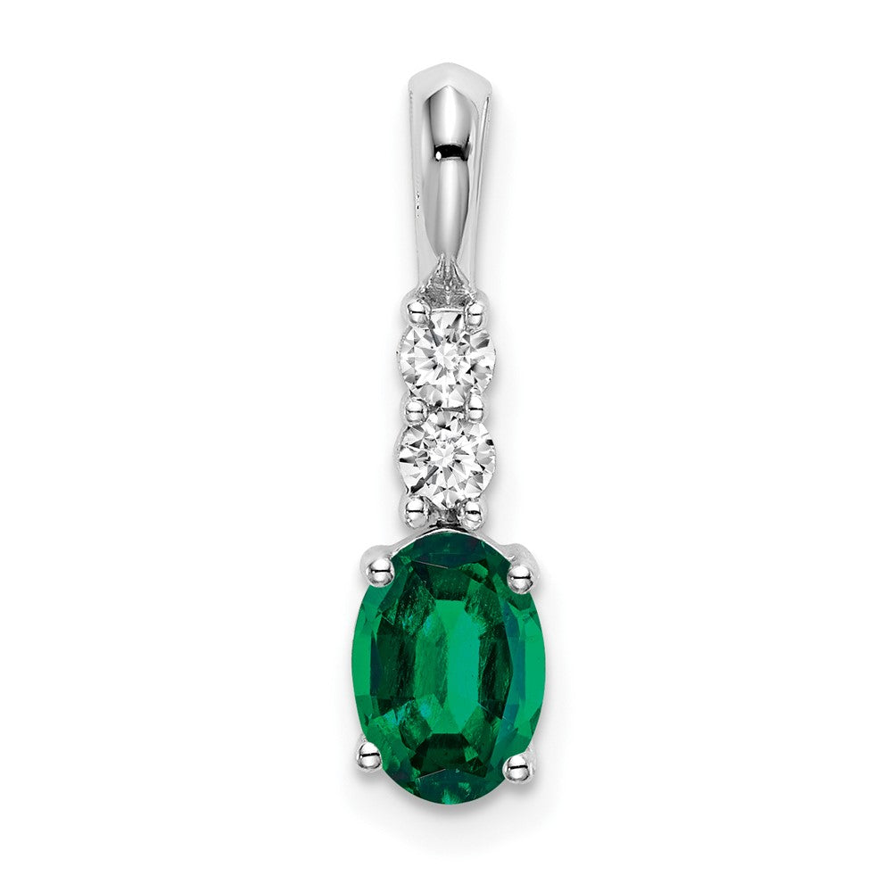 14k White Gold Oval Created Emerald and Real Diamond Pendant