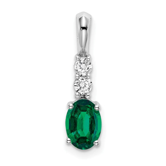 14k White Gold Oval Created Emerald and Real Diamond Pendant