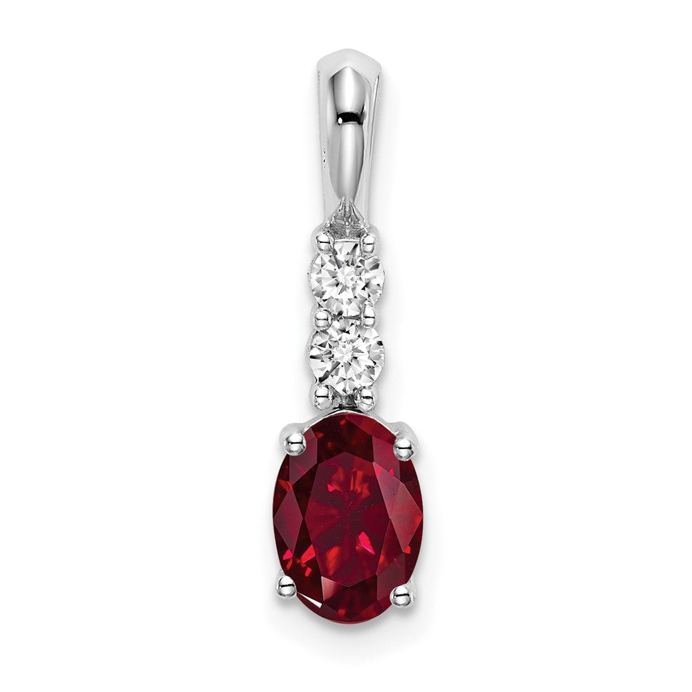 14k White Gold Oval Created Ruby and Real Diamond Pendant