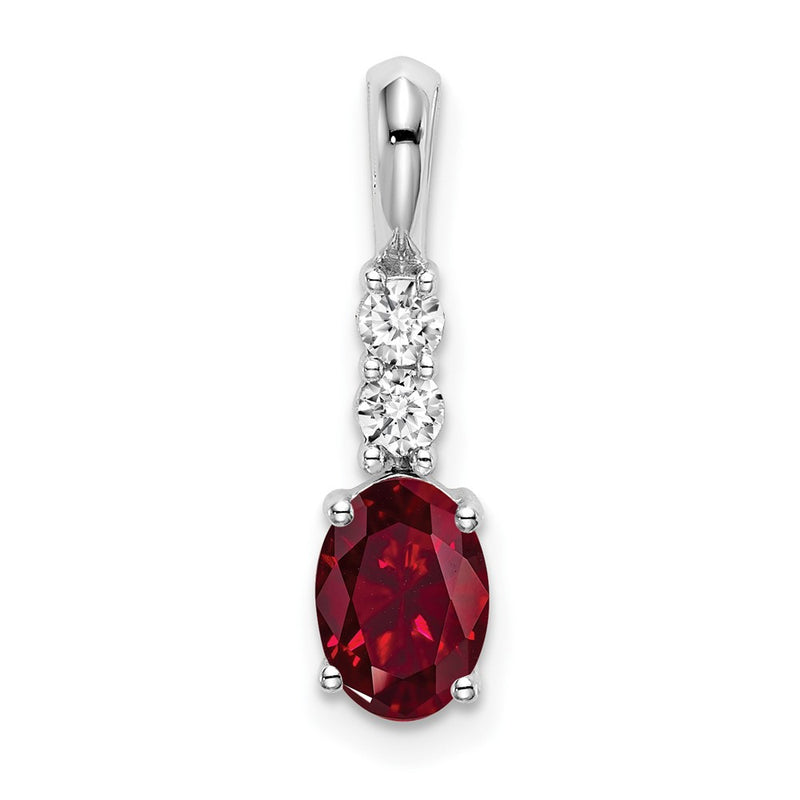 14k White Gold Oval Created Ruby and Real Diamond Pendant