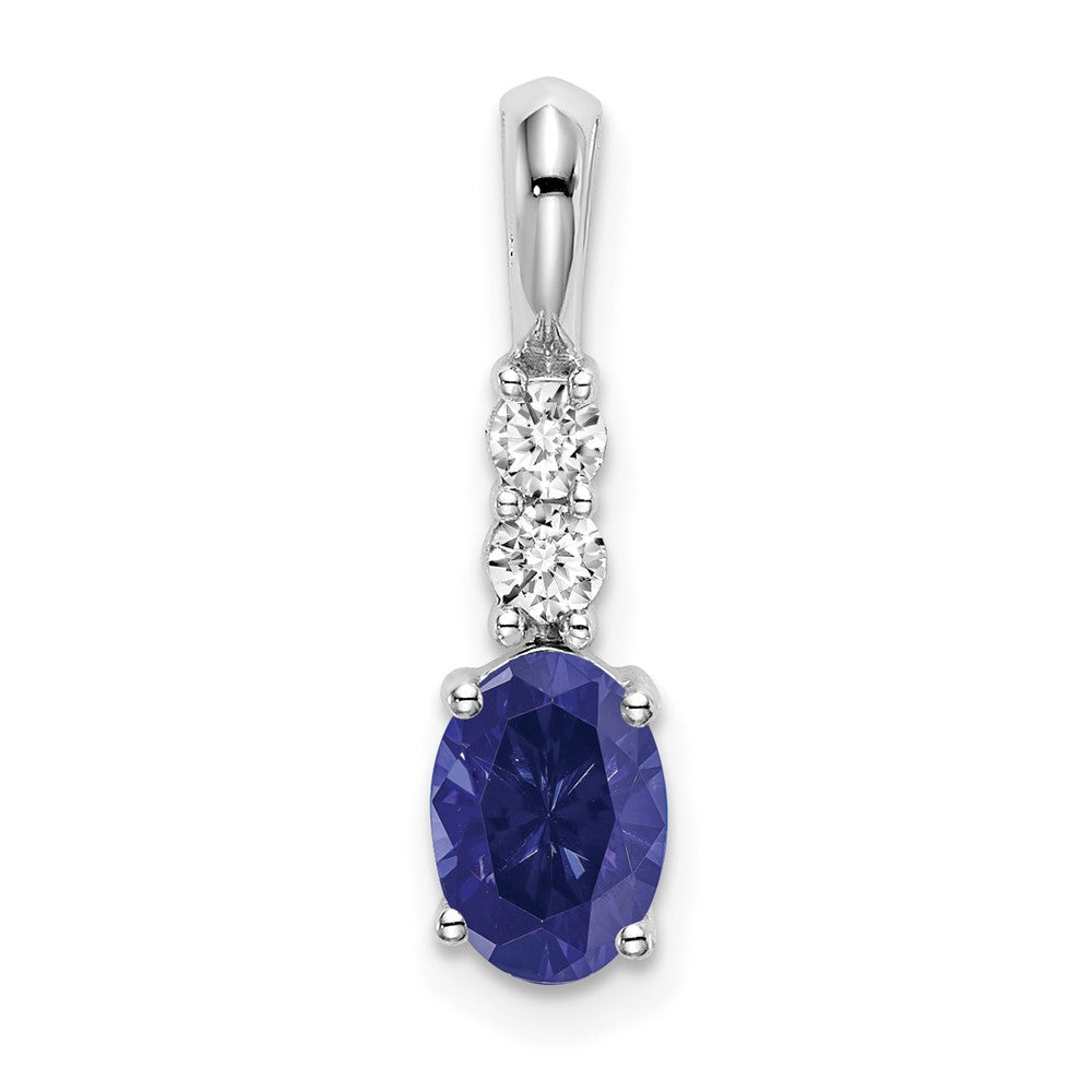 14k White Gold Oval Created Sapphire and Real Diamond Pendant