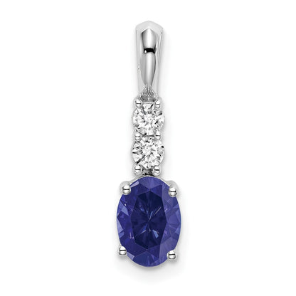 14k White Gold Oval Created Sapphire and Real Diamond Pendant