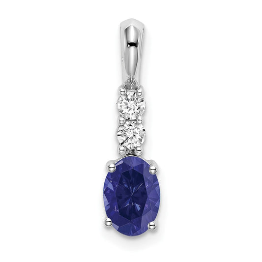 14k White Gold Oval Created Sapphire and Real Diamond Pendant