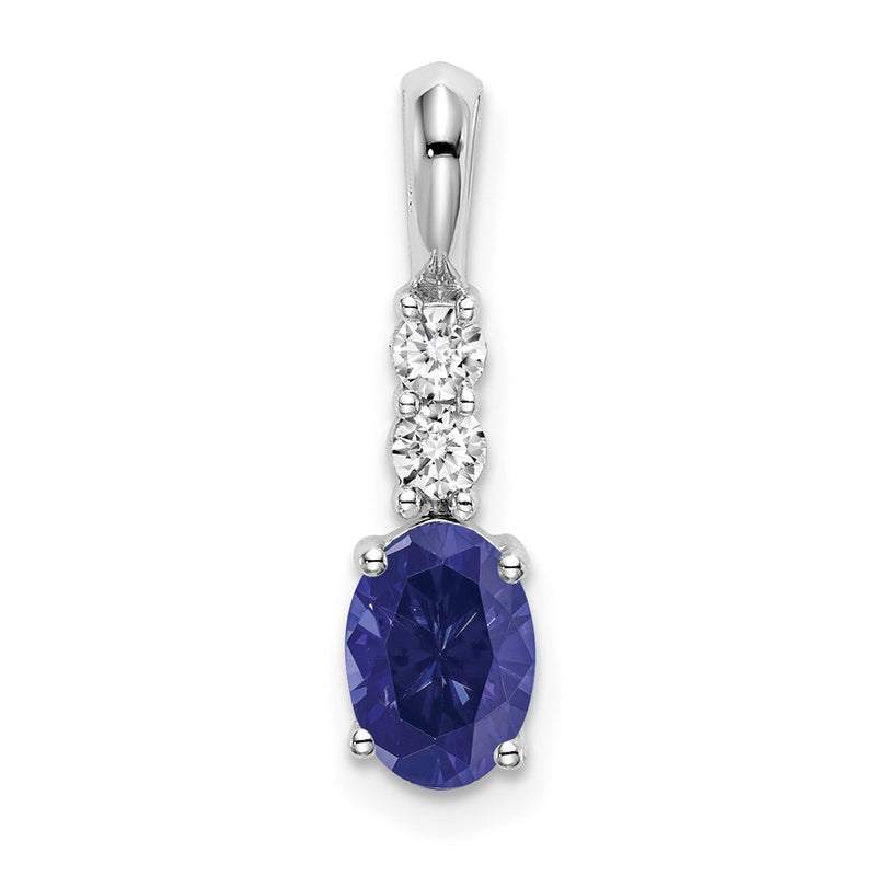 14k White Gold Oval Created Sapphire and Real Diamond Pendant