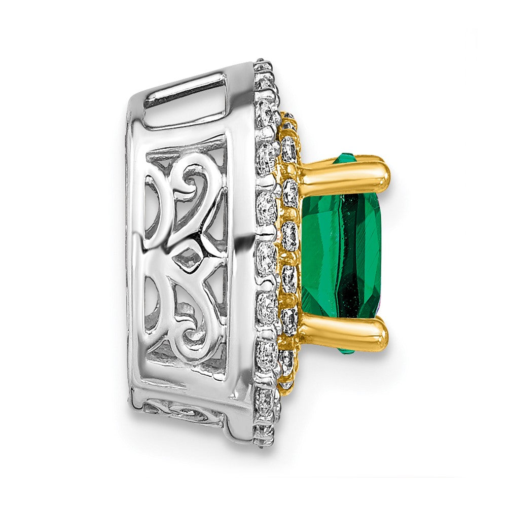 14k Two-Tone Gold Lab Grown Real Diamond & Created Emerald Pendant