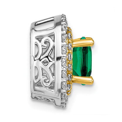 14k Two-Tone Gold Lab Grown Real Diamond & Created Emerald Pendant