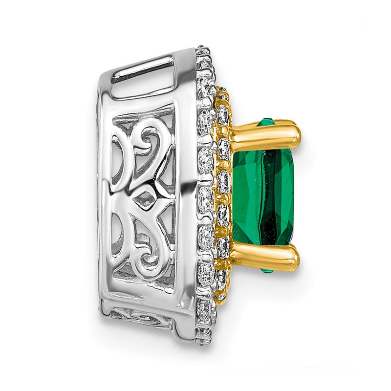 14k Two-Tone Gold Lab Grown Real Diamond & Created Emerald Pendant