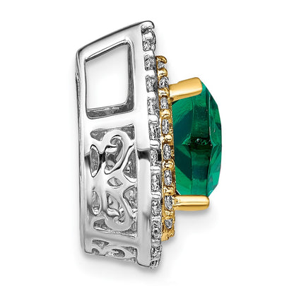 14k Two-Tone Gold Lab Grown Real Diamond & Created Emerald Pendant
