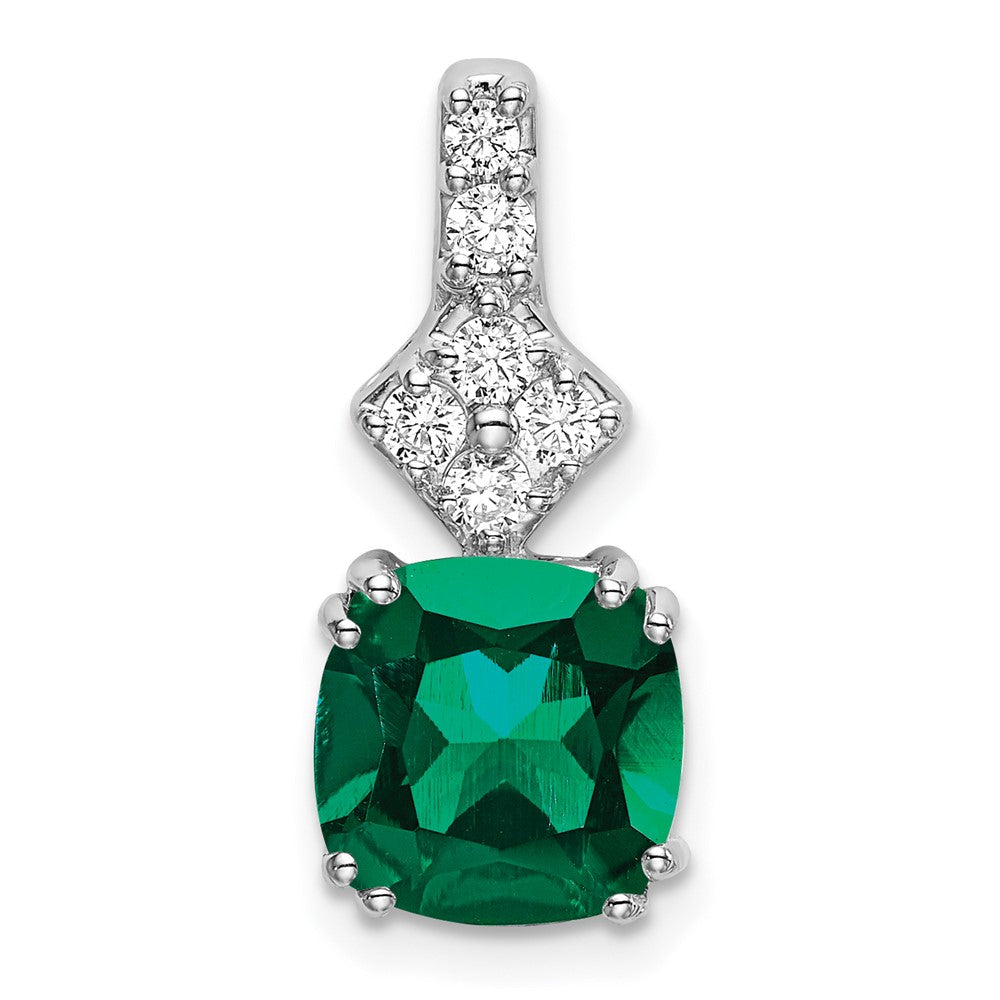14K White GoldLab Grown Real Diamond & Created Emerald Pendant