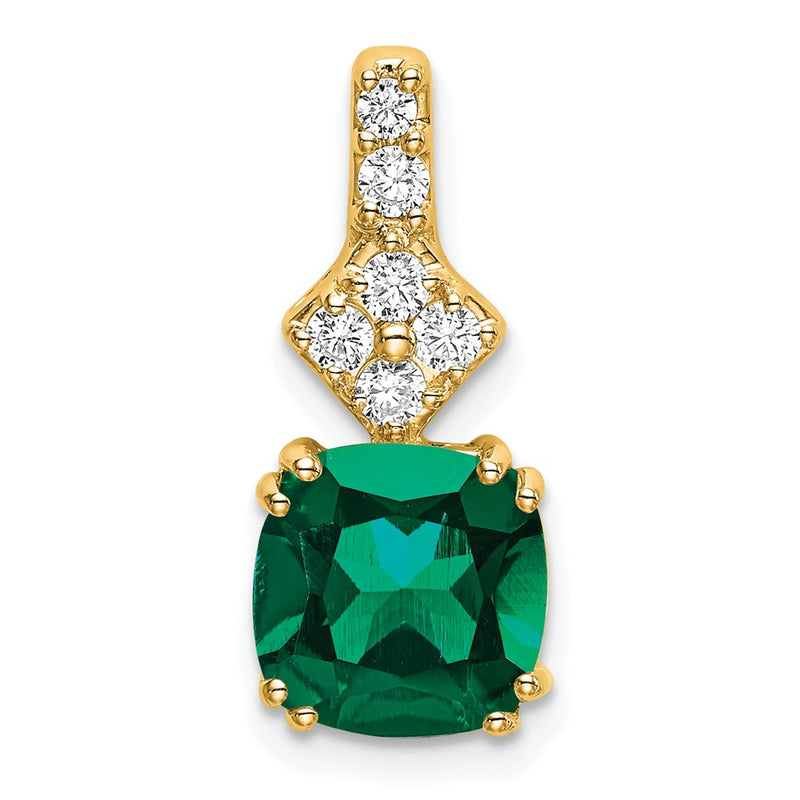 14K Yellow Gold Lab Grown Real Diamond & Created Emerald Pendant