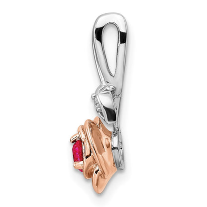 14k Two-Tone Gold White & Rose Ruby and Real Diamond Flower Pendant