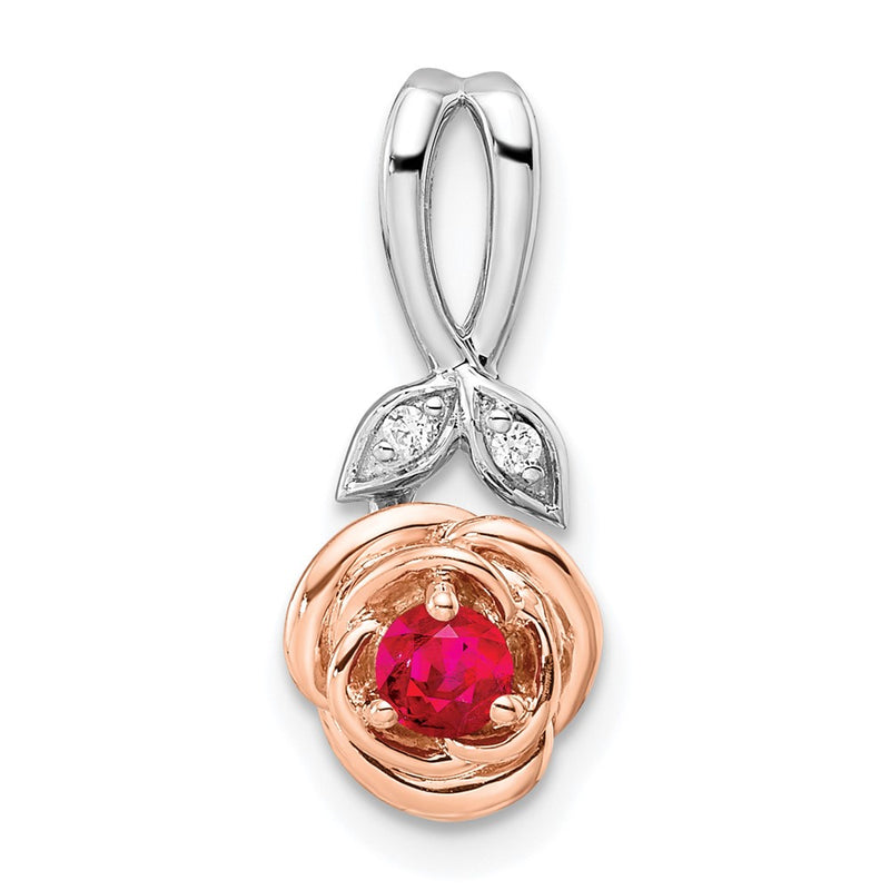 14k Two-Tone Gold White & Rose Ruby and Real Diamond Flower Pendant