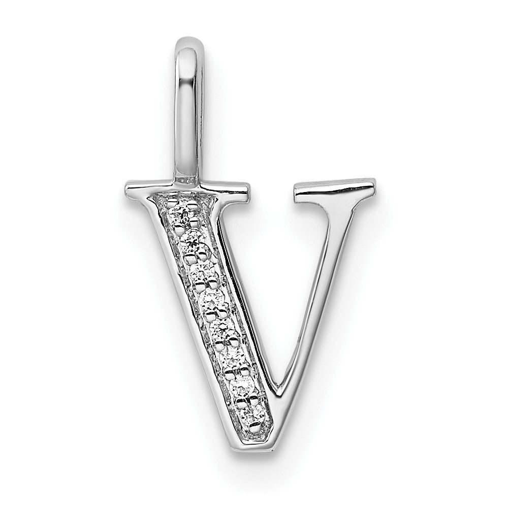 14K White Gold Real Diamond Letter V Initial Pendant