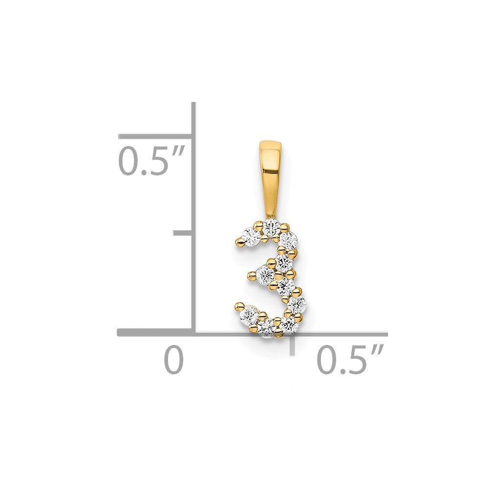 14K Yellow Gold Real Diamond Number 3 Pendant
