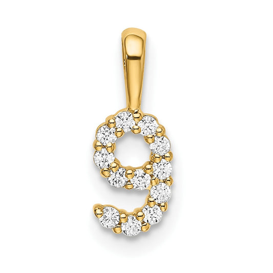 14K Yellow Gold Real Diamond Number 9 Pendant