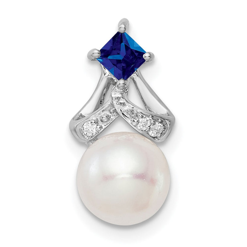 14k White Gold FWC Pearl Sapphire & Real Diamond Chain Slide
