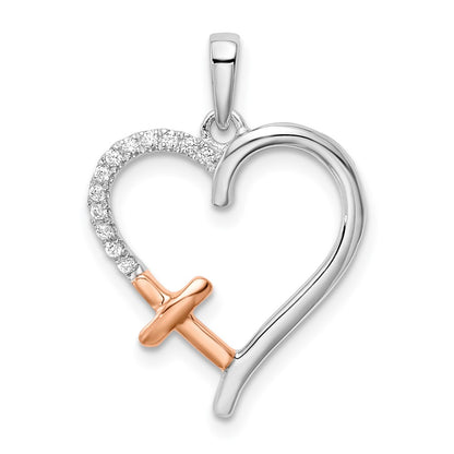 14k Two-Tone Gold White and Rose Heart w/Cross Real Diamond Pendant