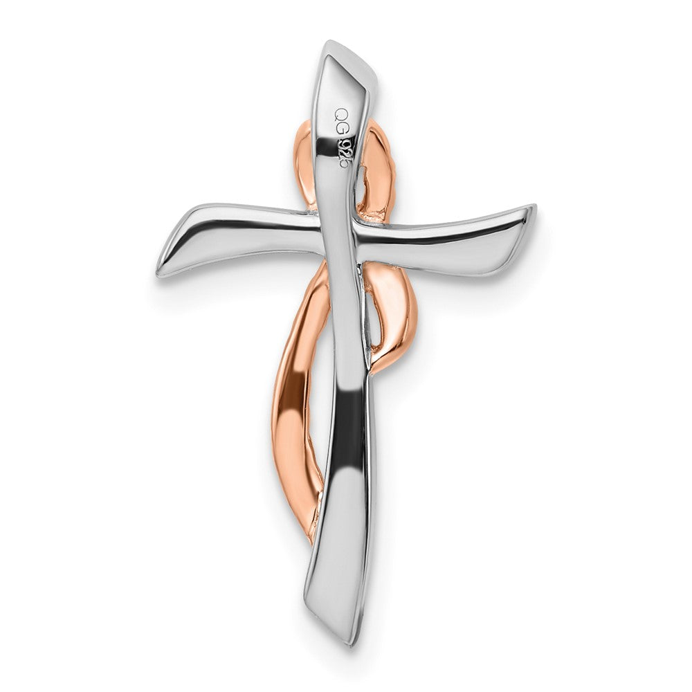 14k Two-Tone Gold White & Rose Cross w/Ribbon Real Diamond Chain Slide