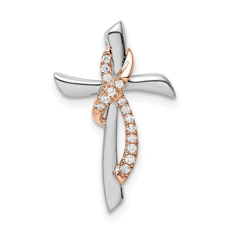 14k Two-Tone Gold White & Rose Cross w/Ribbon Real Diamond Chain Slide