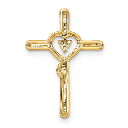 14K Yellow Gold Polished Cross with Heart Real Diamond Chain Slide