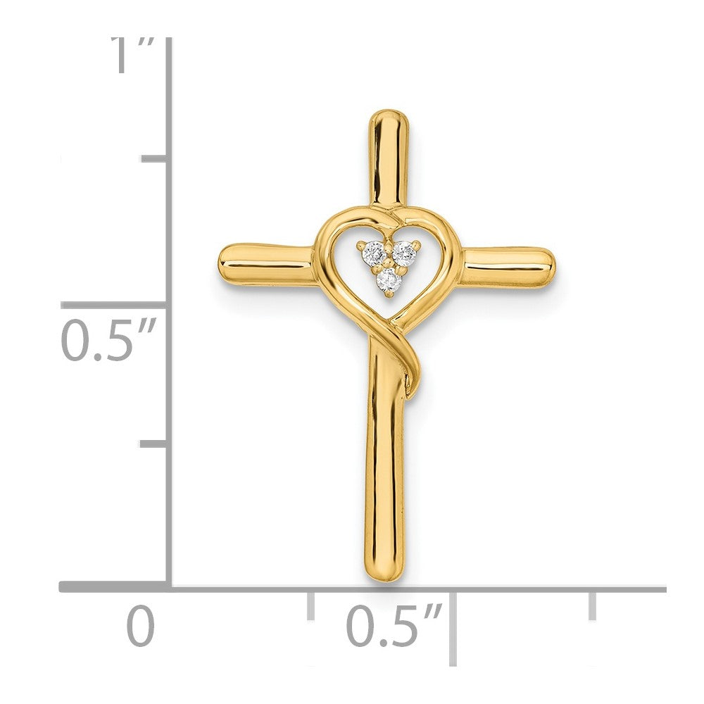 14K Yellow Gold Polished Cross with Heart Real Diamond Chain Slide