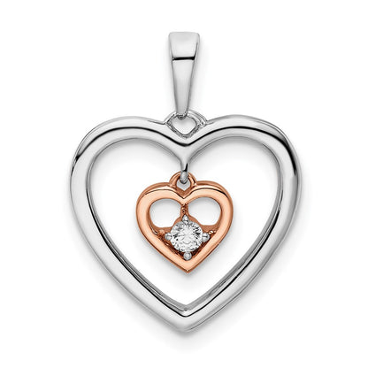 14k Two-Tone Gold White and Rose Double Heart Real Diamond Pendant