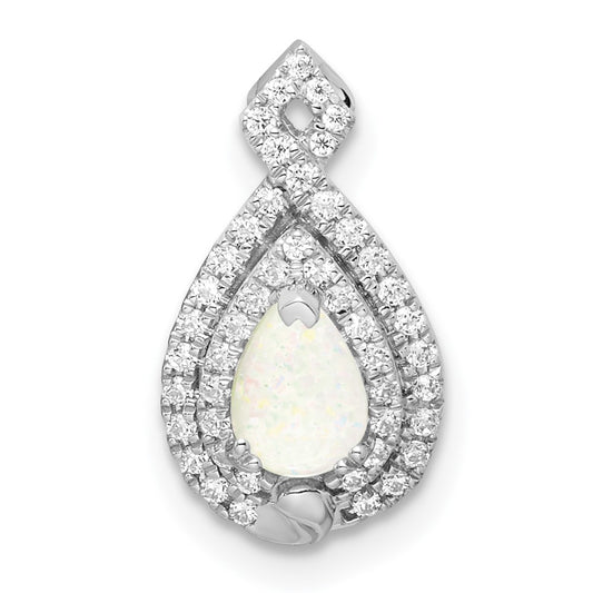 14k White Gold Polished Pear Opal & Real Diamond Chain Slide