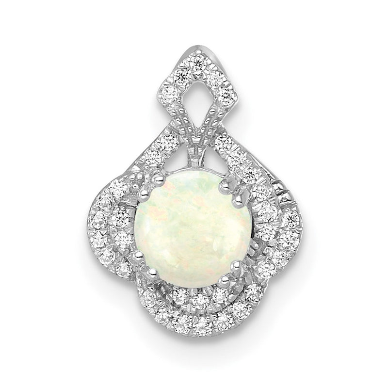 14k White Gold Polished Oval Opal & Real Diamond Vintage Chain Slide