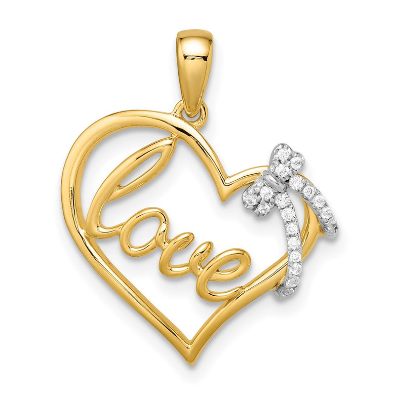 14k Two-Tone Gold Polished Heart with Bow Real Diamond Pendant