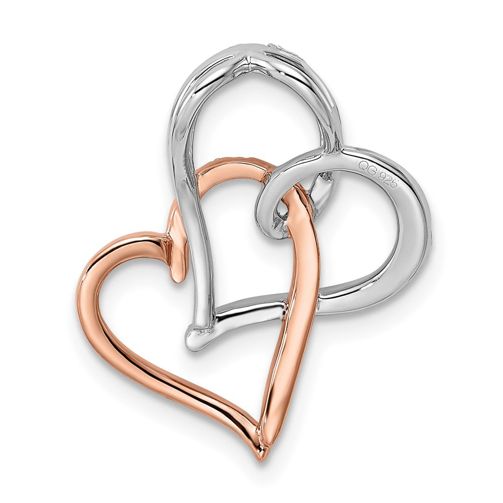 14k Two-Tone Gold White and Rose Double Heart Real Diamond Chain Slide