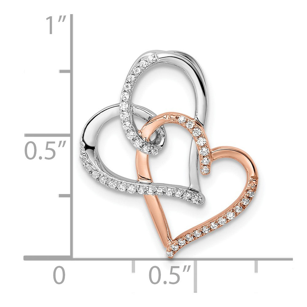 14k Two-Tone Gold White and Rose Double Heart Real Diamond Chain Slide