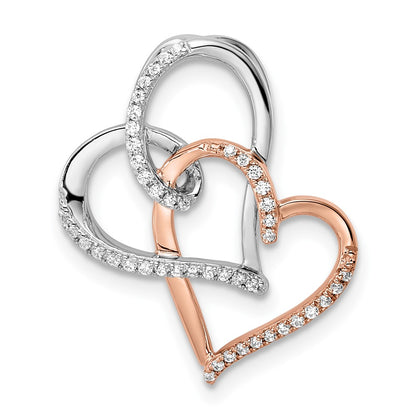 14k Two-Tone Gold White and Rose Double Heart Real Diamond Chain Slide