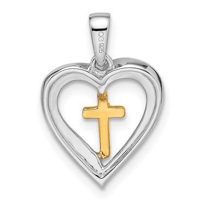 14k Two-Tone Gold Heart with Cross Real Diamond Pendant