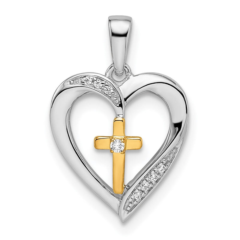 14k Two-Tone Gold Heart with Cross Real Diamond Pendant