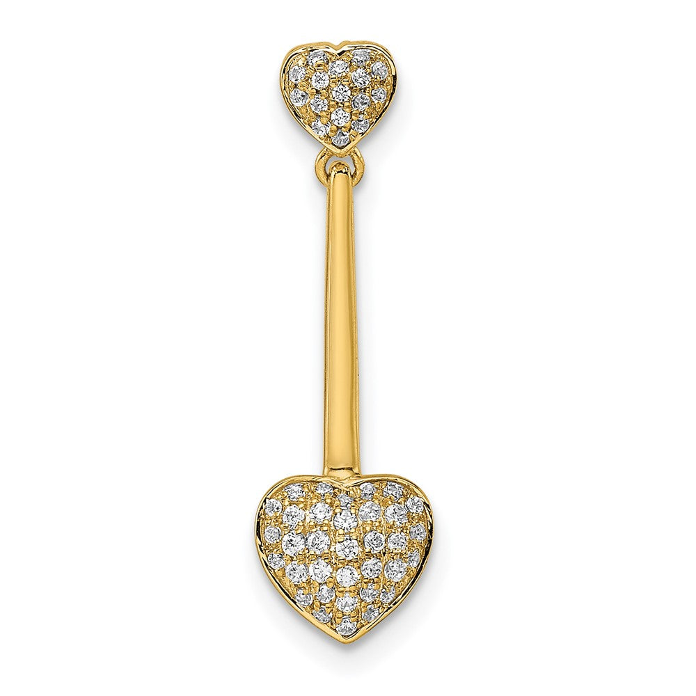 14K Yellow Gold Polished Double Heart Dangle Real Diamond Chain Slide