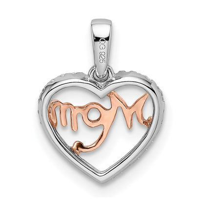 14k Two-Tone Gold Real Diamond White and Rose Mom Heart Pendant