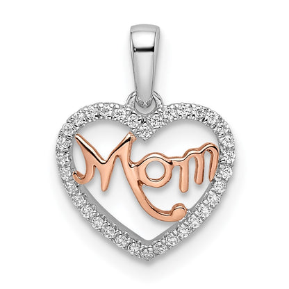 14k Two-Tone Gold Real Diamond White and Rose Mom Heart Pendant