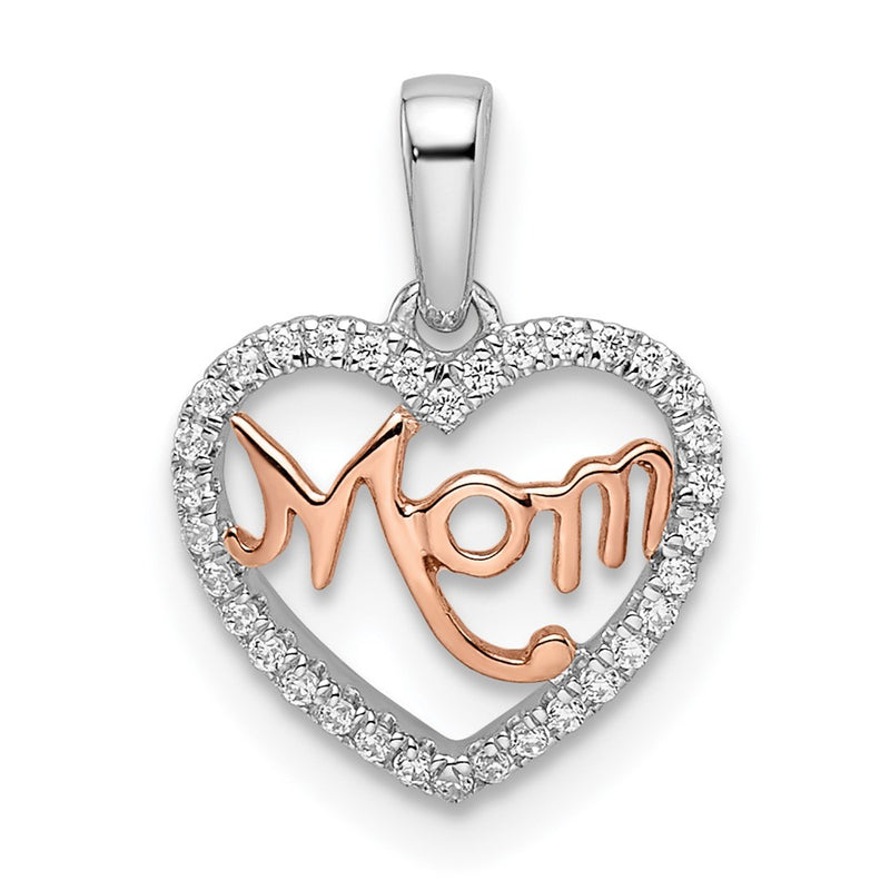14k Two-Tone Gold Real Diamond White and Rose Mom Heart Pendant