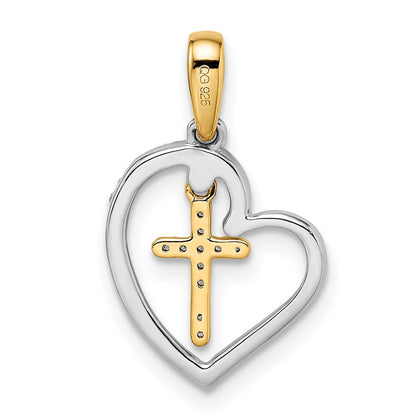 14k Two-Tone Gold Heart with Cross Real Diamond Pendant