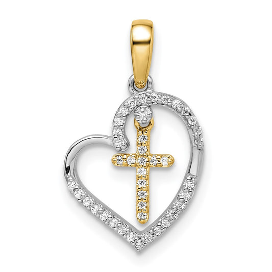 14k Two-Tone Gold Heart with Cross Real Diamond Pendant