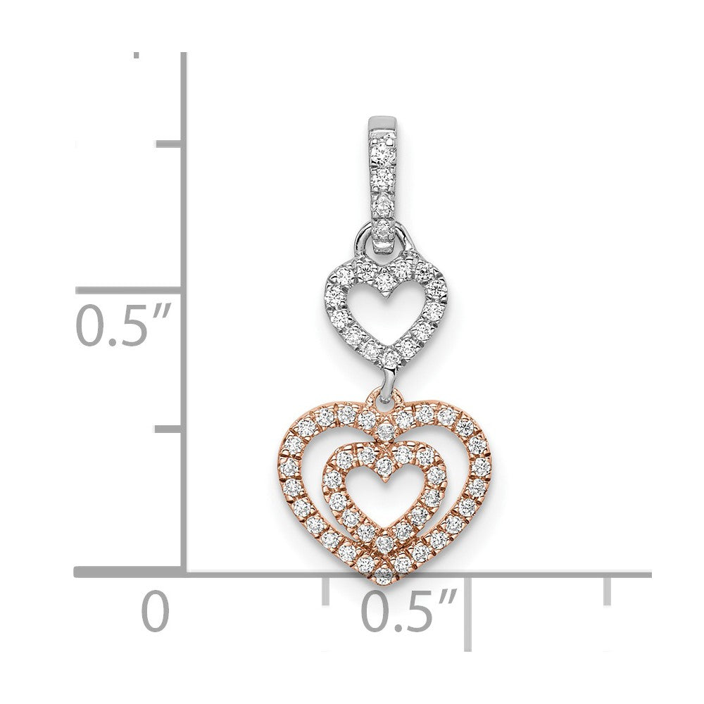 14k Two-Tone Gold White and Rose Hearts Dangle Real Diamond Pendant