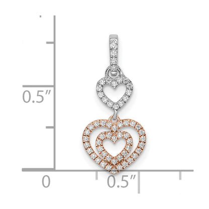 14k Two-Tone Gold White and Rose Hearts Dangle Real Diamond Pendant