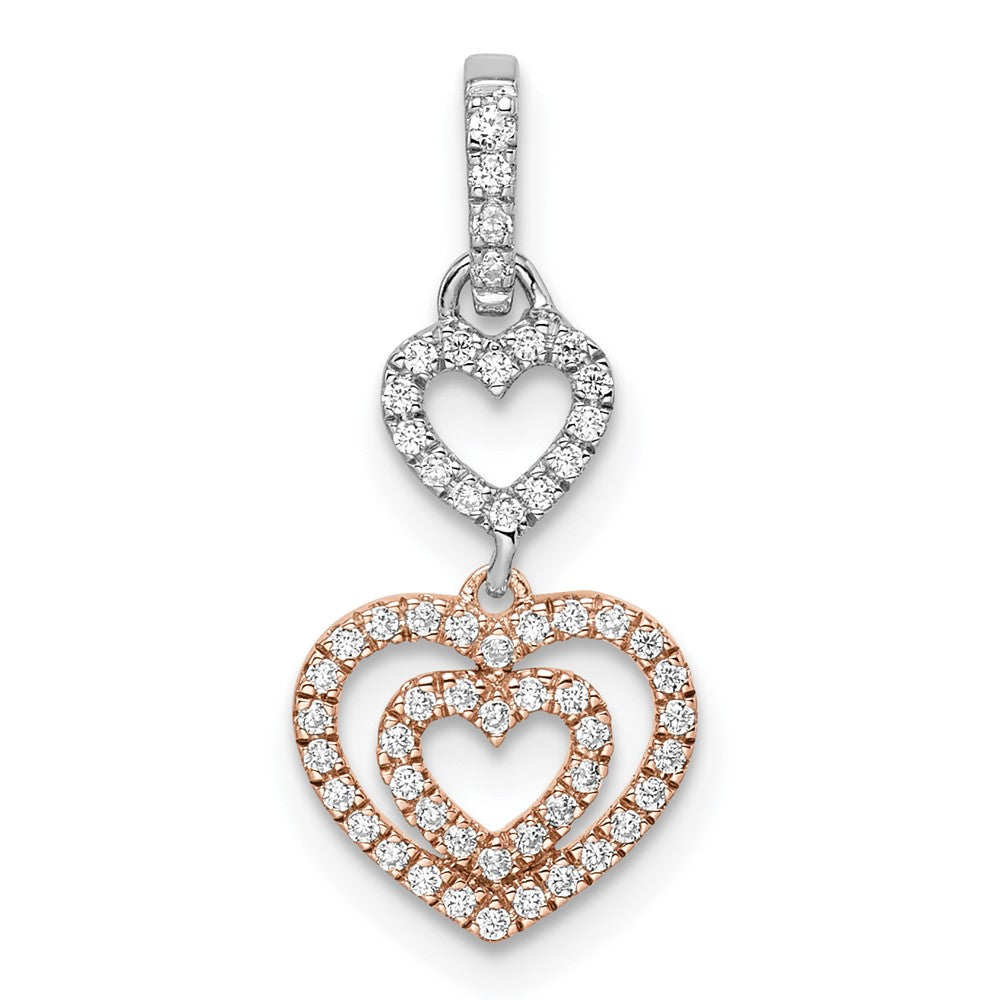 14k Two-Tone Gold White and Rose Hearts Dangle Real Diamond Pendant