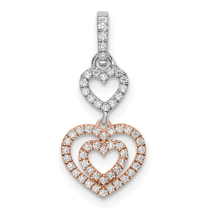 14k Two-Tone Gold White and Rose Hearts Dangle Real Diamond Pendant