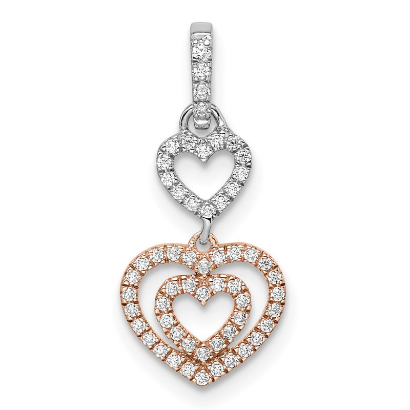 14k Two-Tone Gold White and Rose Hearts Dangle Real Diamond Pendant