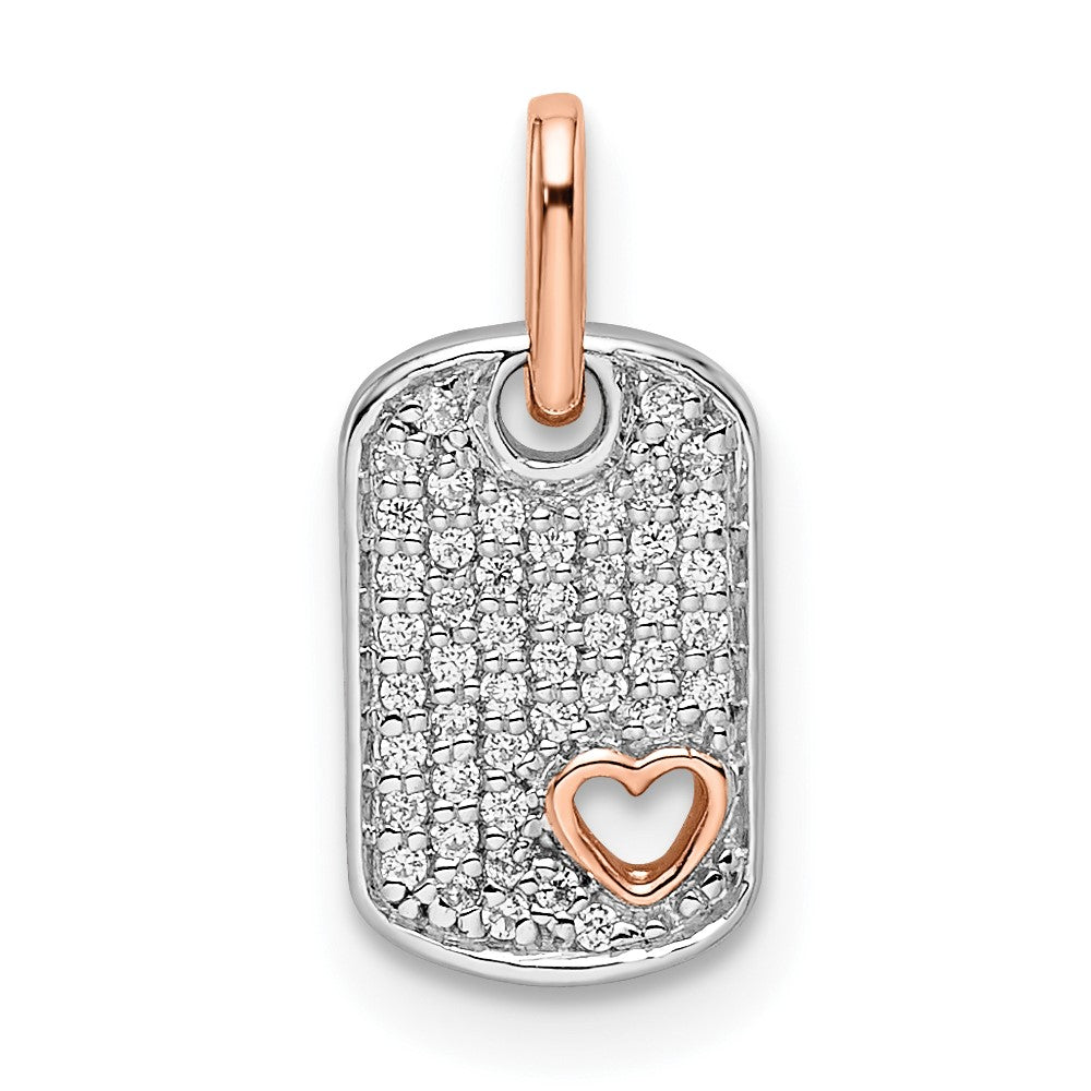 14k Two-Tone Gold White and Rose Small Dog Tag w/Heart Real Diamond Pendant