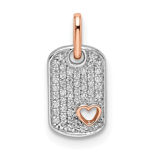 14k Two-Tone Gold White and Rose Small Dog Tag w/Heart Real Diamond Pendant
