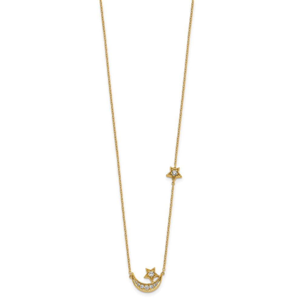 14K Yellow Gold Moon & Star Real Diamond 18in Necklace