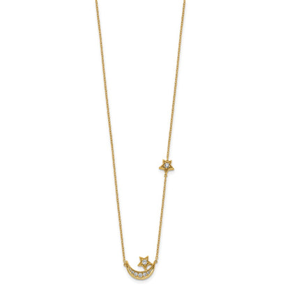 14K Yellow Gold Moon & Star Real Diamond 18in Necklace