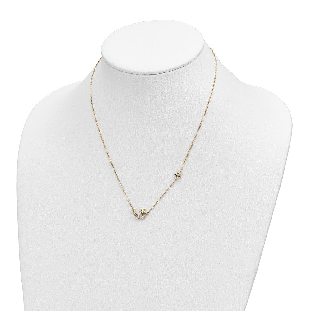 14K Yellow Gold Moon & Star Real Diamond 18in Necklace